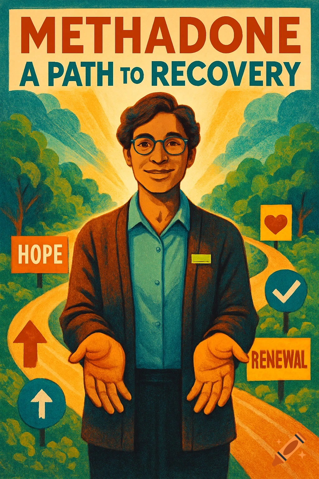 A graphic illustration of a person with open hands, in front of a road with signs 'HOPE' and 'RENEWAL'. A banner reads 'METHADONE A PATH TO RECOVERY'.