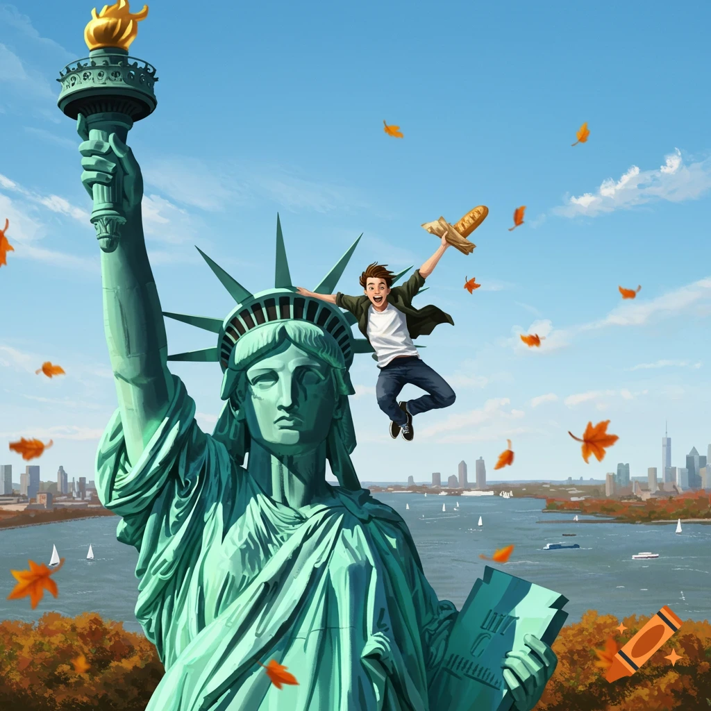 A man in a white shirt and dark jacket joyfully jumps near the Statue of Liberty, holding a baguette. Autumn leaves fall around them, with the NYC skyline in the background.