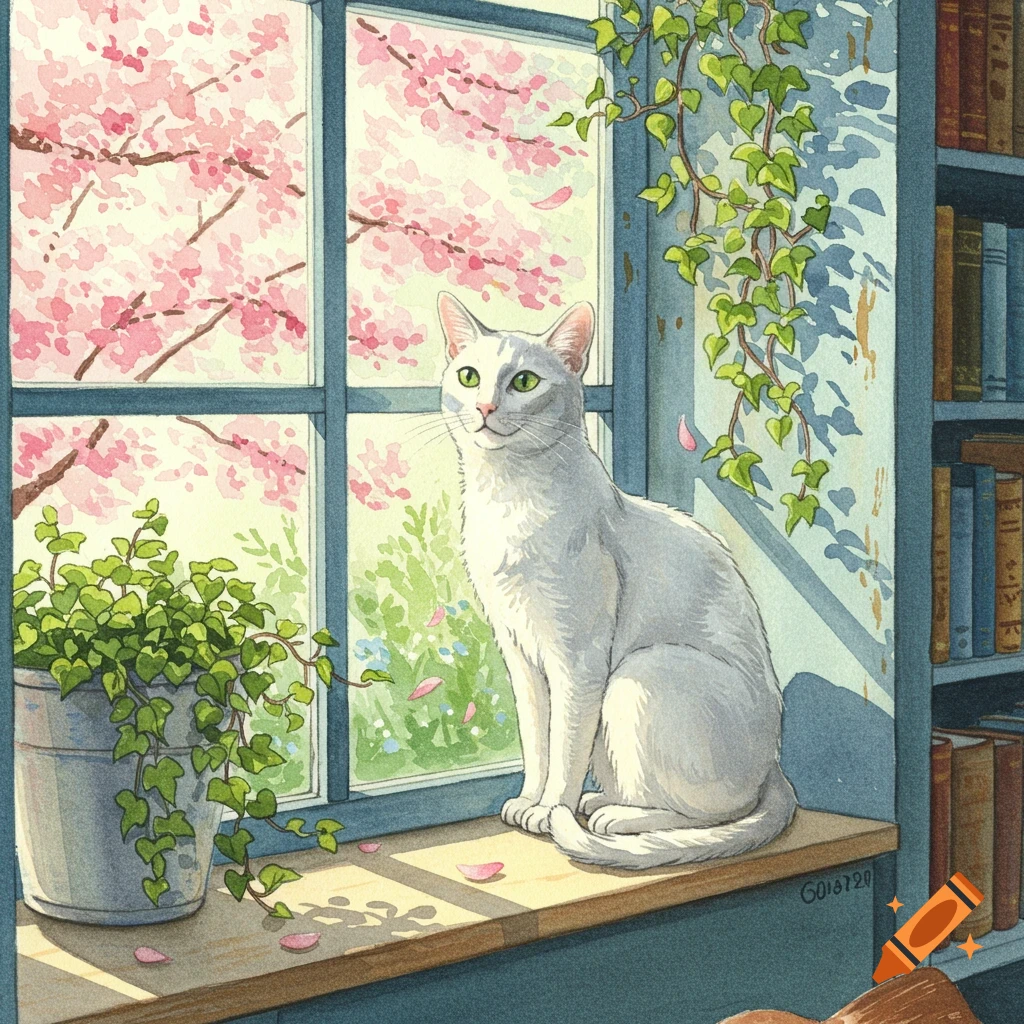 Watercolor painting of a white cat with green eyes on a windowsill, looking out at cherry blossoms, with a potted plant.