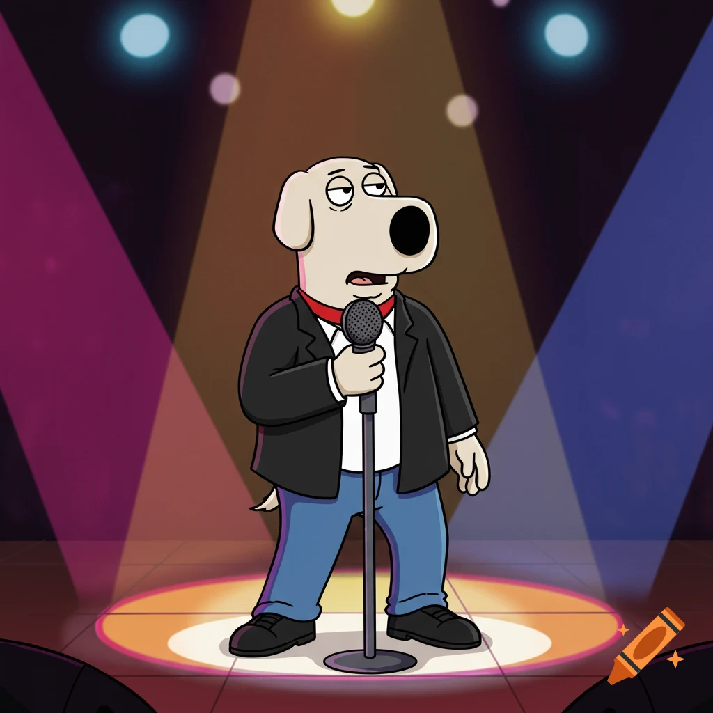Brian Griffin, a white dog, sings into a microphone on a stage lit by spotlights, wearing a black jacket, white shirt, and blue jeans.