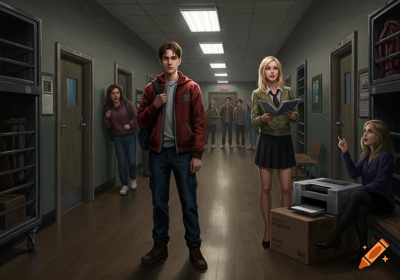 An illustrated scene of several teenagers in a dimly lit school-like hallway, with a young man in a red hoodie and a blonde woman holding a book in the foreground.