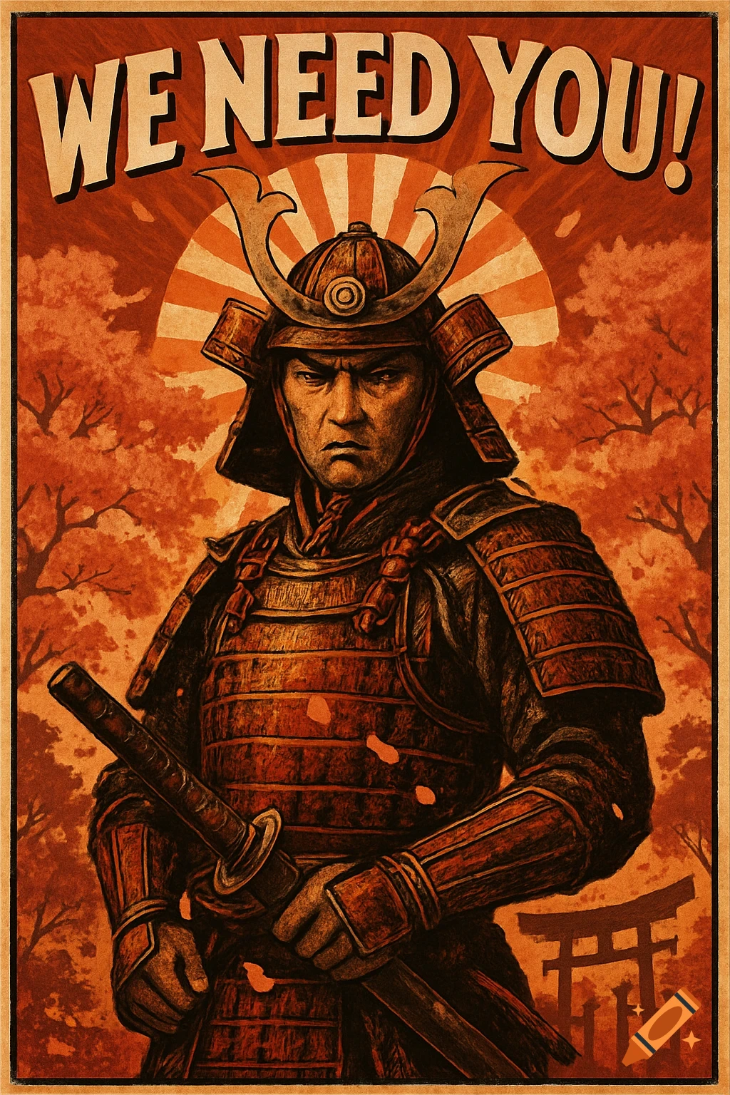 A vintage propaganda poster depicting a stern samurai warrior with a katana, set against a Rising Sun background, with 'WE NEED YOU!' text.