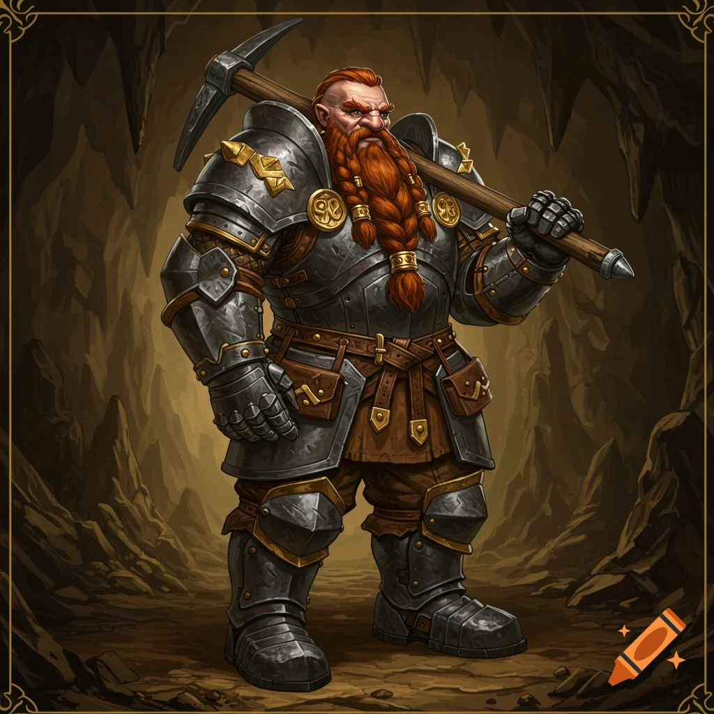 A formidable male dwarf in dark steel full plate armor with gold adornments, carrying a pickaxe over his shoulder, stands in a cave. Dungeons and Dragons art style.