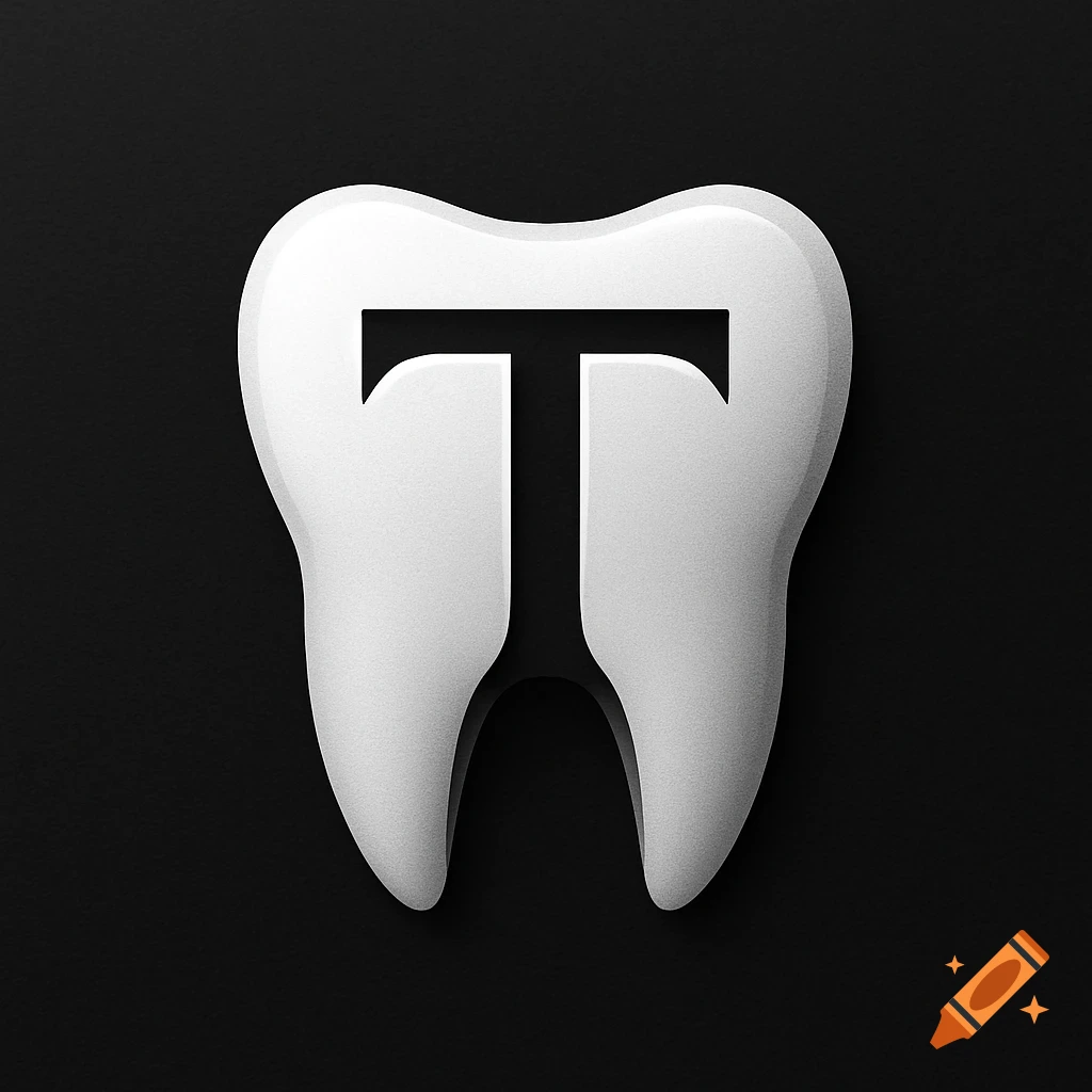 White, textured tooth-shaped logo with a black capital 'T' cut out of its center, on a dark gray background.