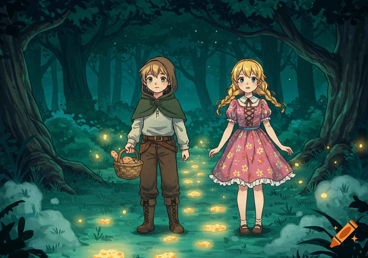 Anime illustration of Hansel and Gretel in a dark, glowing forest, Hansel holds a basket of bread.