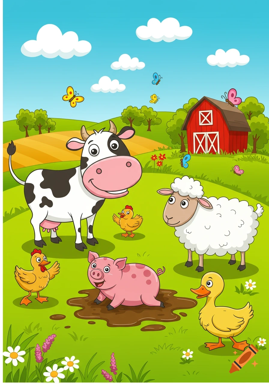 A vibrant cartoon of a farm scene with a cow, sheep, pig, two chickens, and a duck in a green field with a red barn and butterflies under a blue sky.