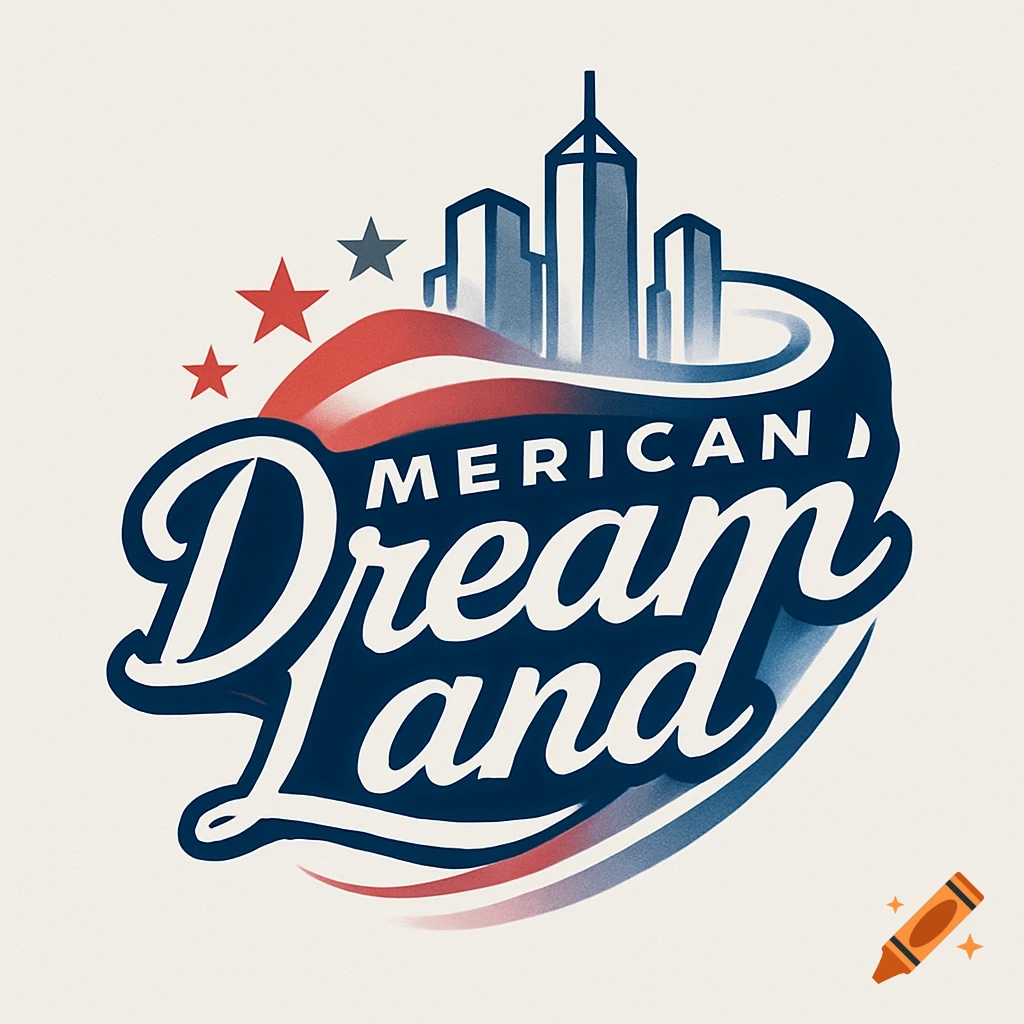 Vintage-style logo for "American Dream Land" with a cityscape silhouette, stars, and red and blue wave elements.