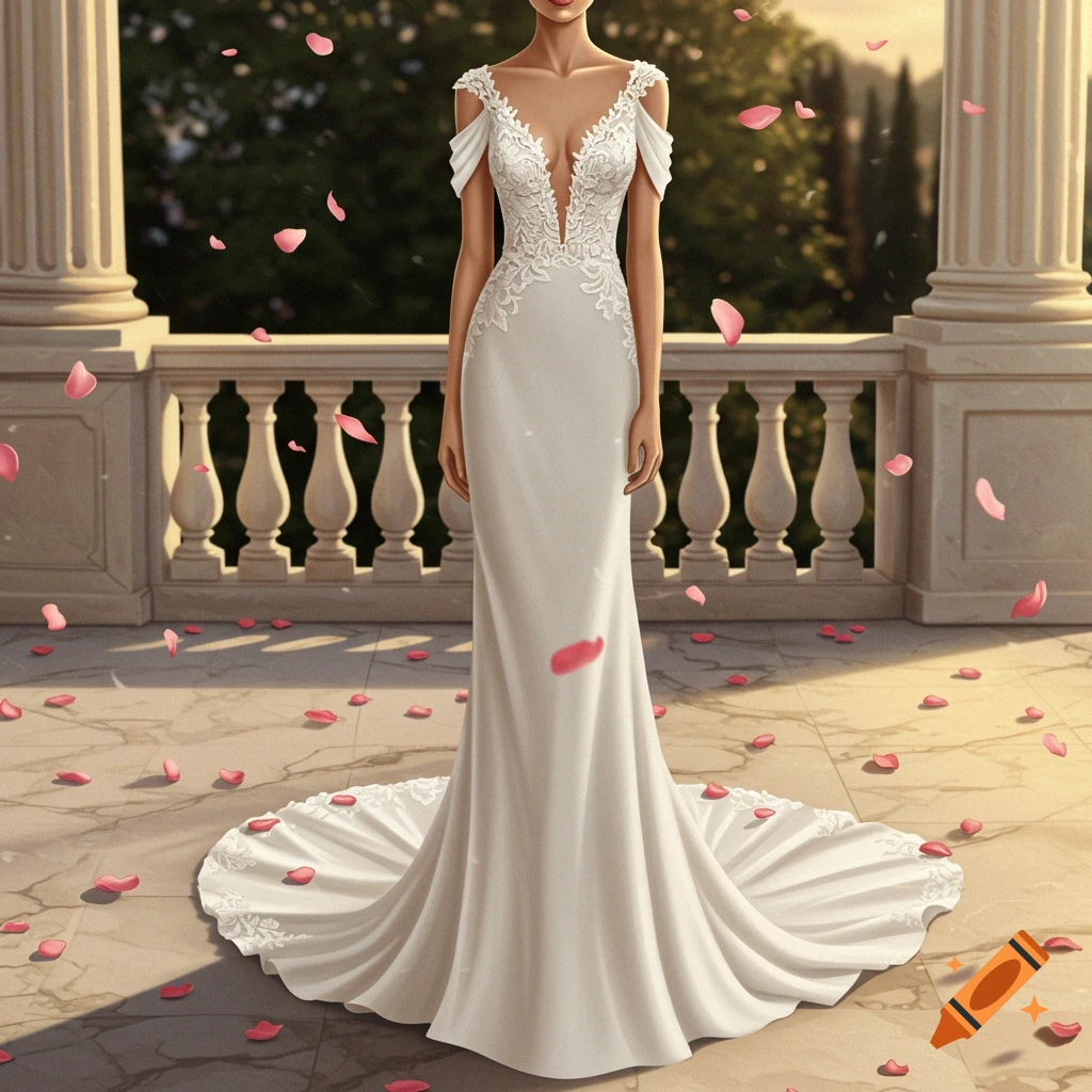 A woman in a white wedding dress with a deep V-bodice and off-the-shoulder neckline stands on a marble balcony with rose petals.
