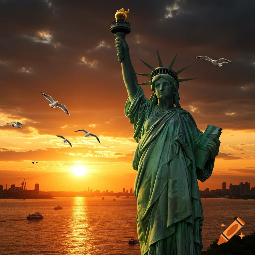 Photorealistic image of the Statue of Liberty against a dramatic sunset with a city skyline and boats on the water.
