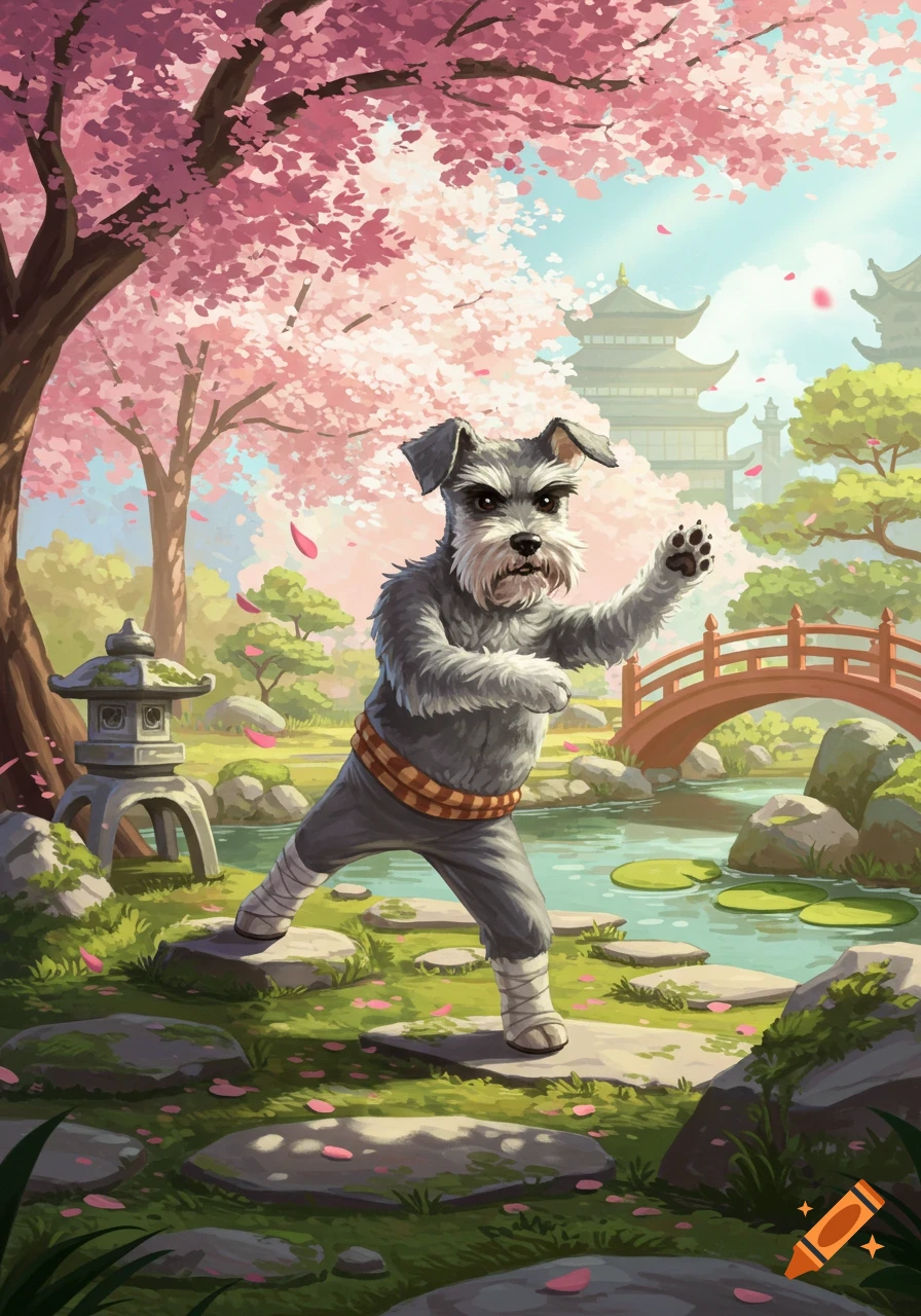A cartoon schnauzer dog in a kung fu pose amidst a Japanese garden with cherry blossoms, a pond, and a red bridge.