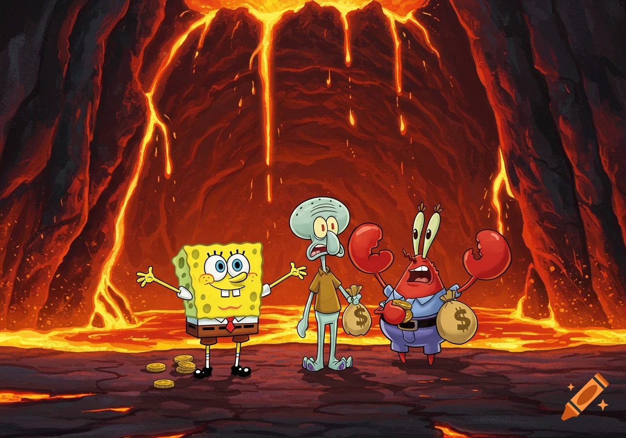SpongeBob, Squidward, and Mr. Krabs in a fiery, cartoon volcanic cave with lava. Squidward looks panicked, Mr. Krabs holds money bags, and SpongeBob smiles.