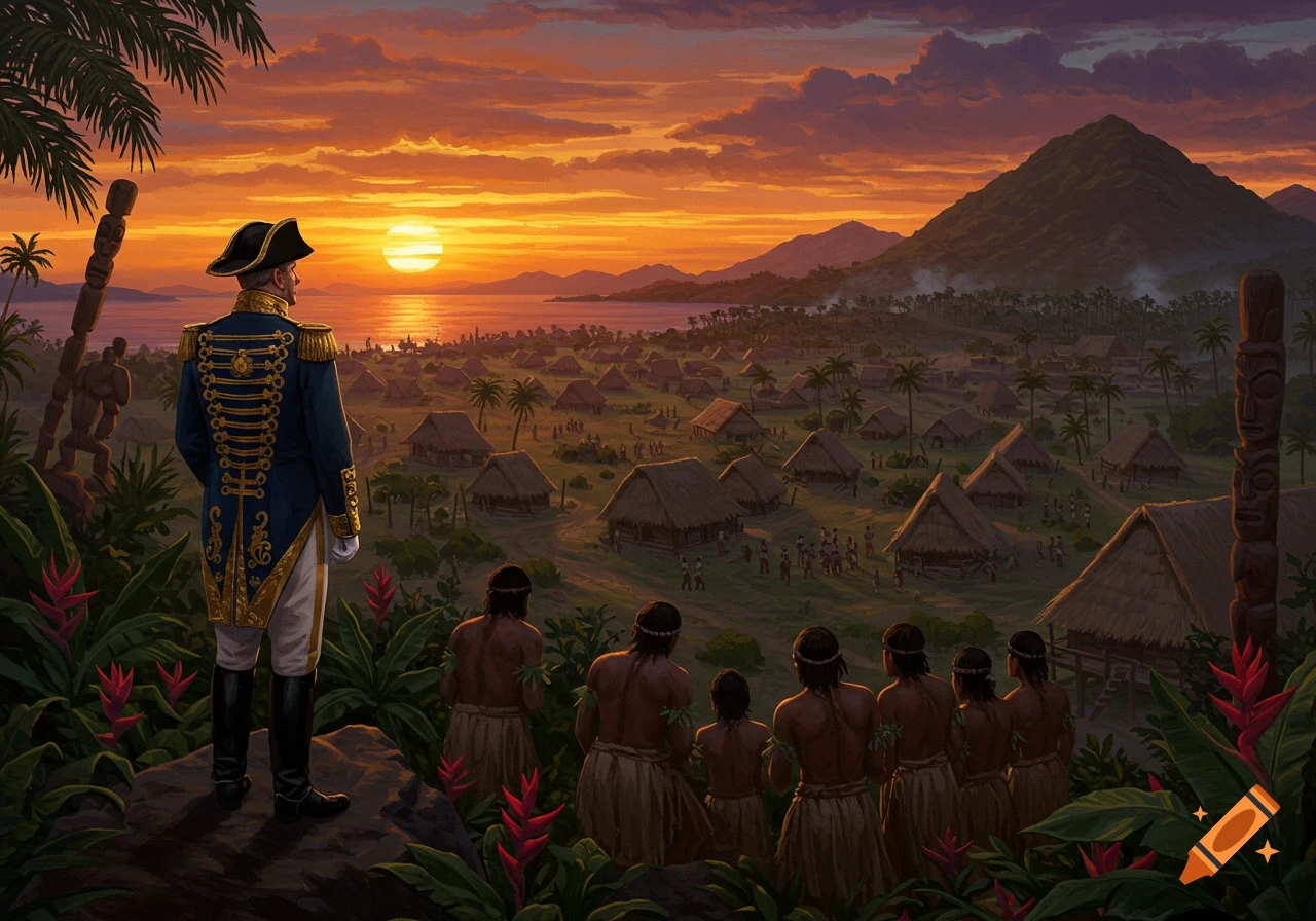 A 19th-century officer and indigenous people overlook a vast tropical village and bay at sunset, with mountains.