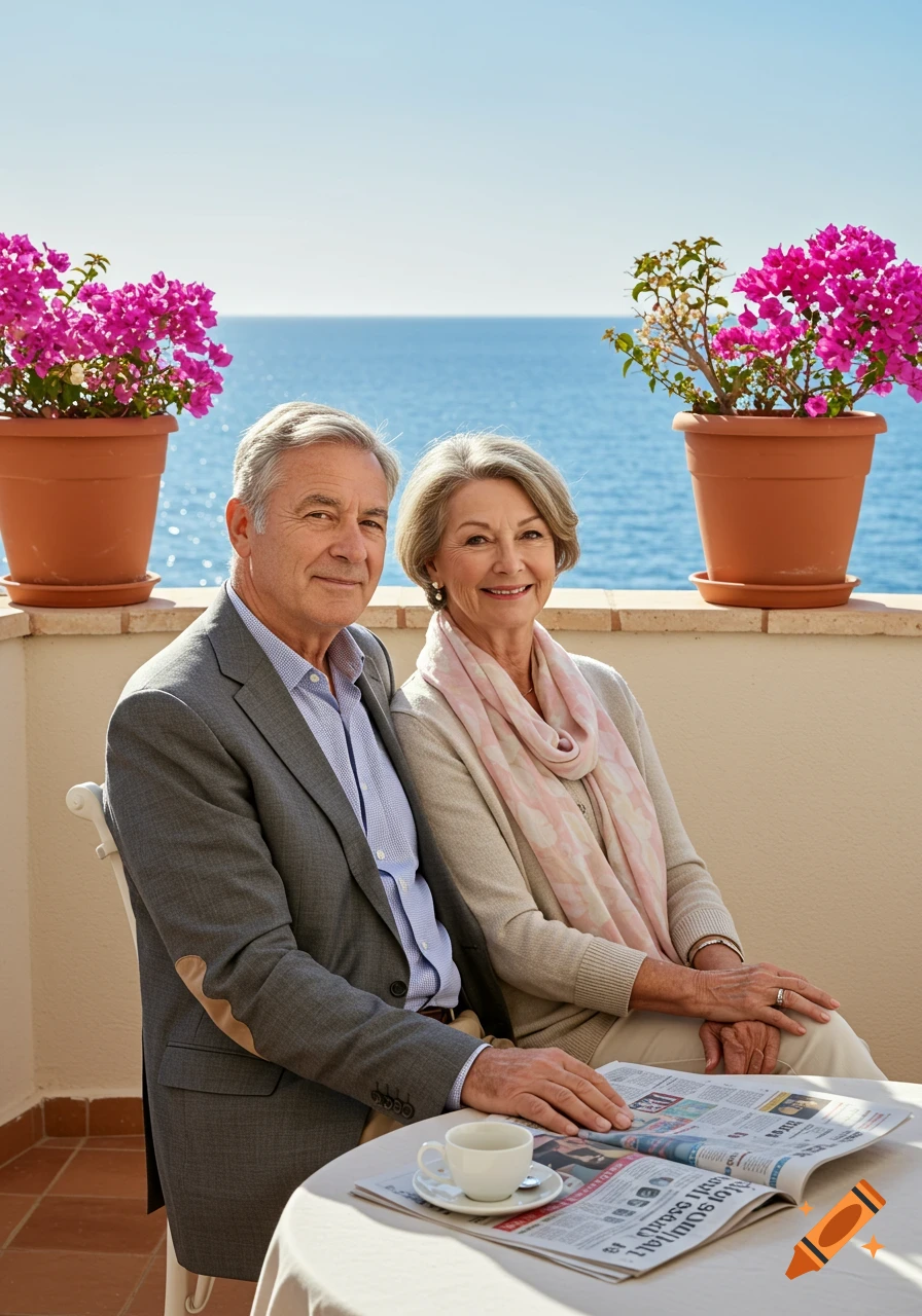A smiling senior couple sits on a sunny balcony overlooking the blue ocean, with a newspaper and coffee on the table.