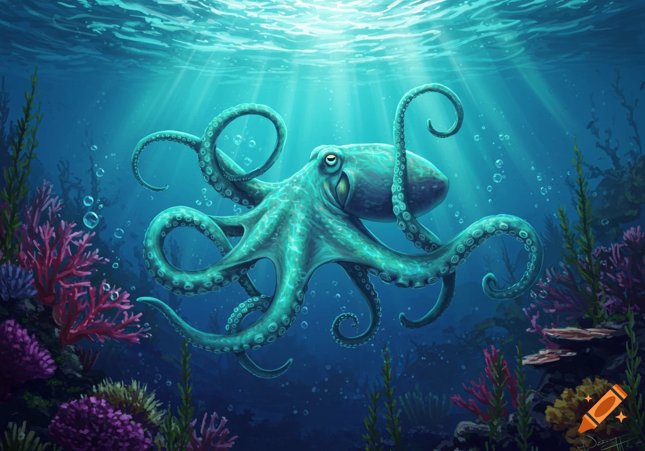 A vibrant teal octopus swims gracefully in a brightly lit underwater scene, surrounded by colorful coral and bubbles.