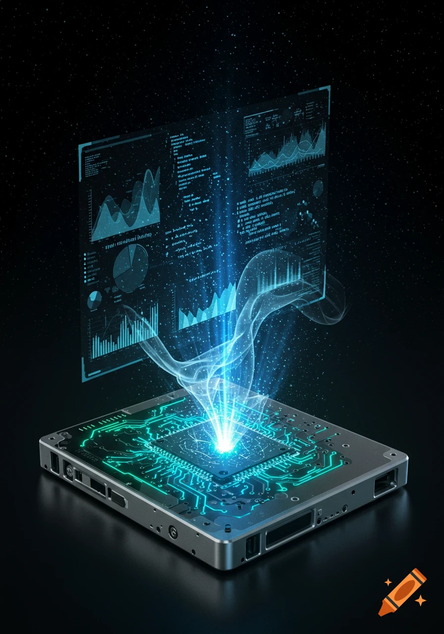 Futuristic hardware device with glowing blue circuits emitting light to a transparent holographic screen displaying graphs and data, on a dark background.