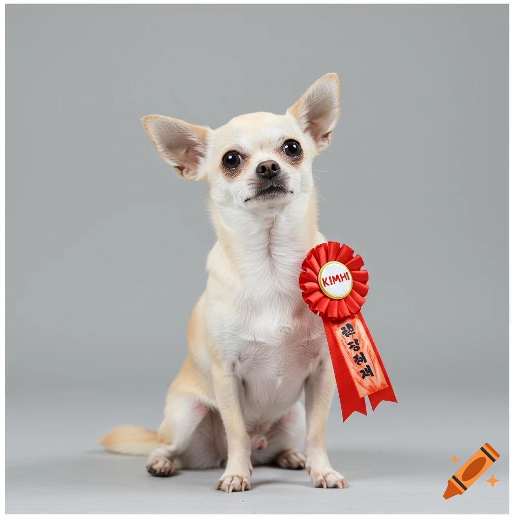 A cream and white chihuahua dog sits posing on a gray background, wearing a red rosette ribbon with "KIMHI" and Korean text.