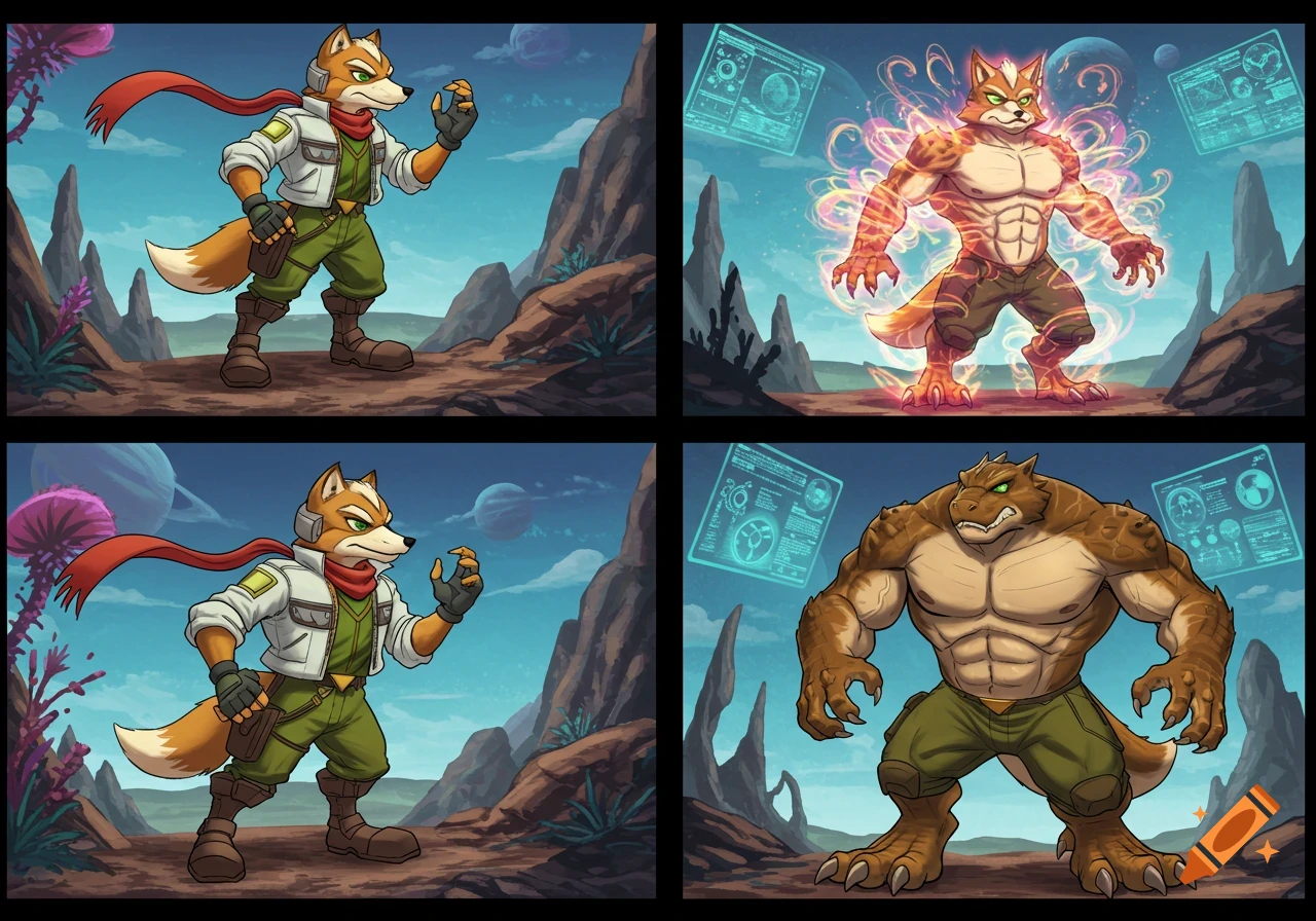 A four-panel comic shows Fox McCloud transforming into a muscular anthropomorphic dinosaur on an alien planet.