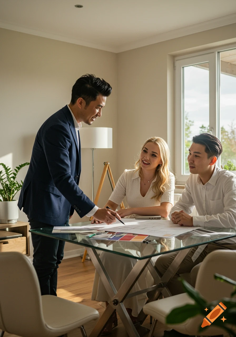 A man in a suit points to architectural plans on a glass table during an interior design meeting with a seated couple.