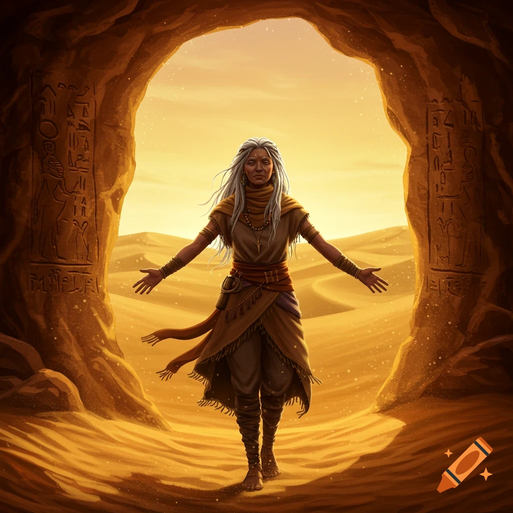 An old priestess with white hair and desert attire stands in a cave opening, looking out at a sunlit desert, with hieroglyphs carved on the cave walls.