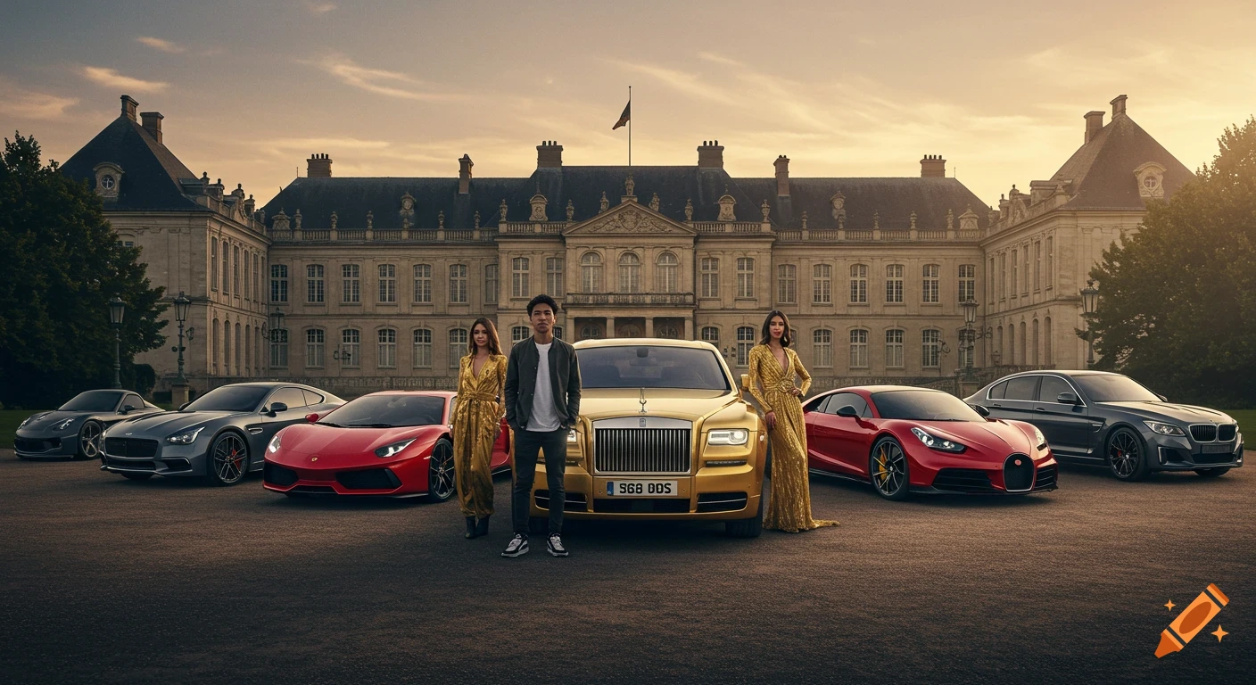 A young man and two women in lavish outfits stand before a grand palace, surrounded by luxury cars including a golden Rolls-Royce, at sunset.