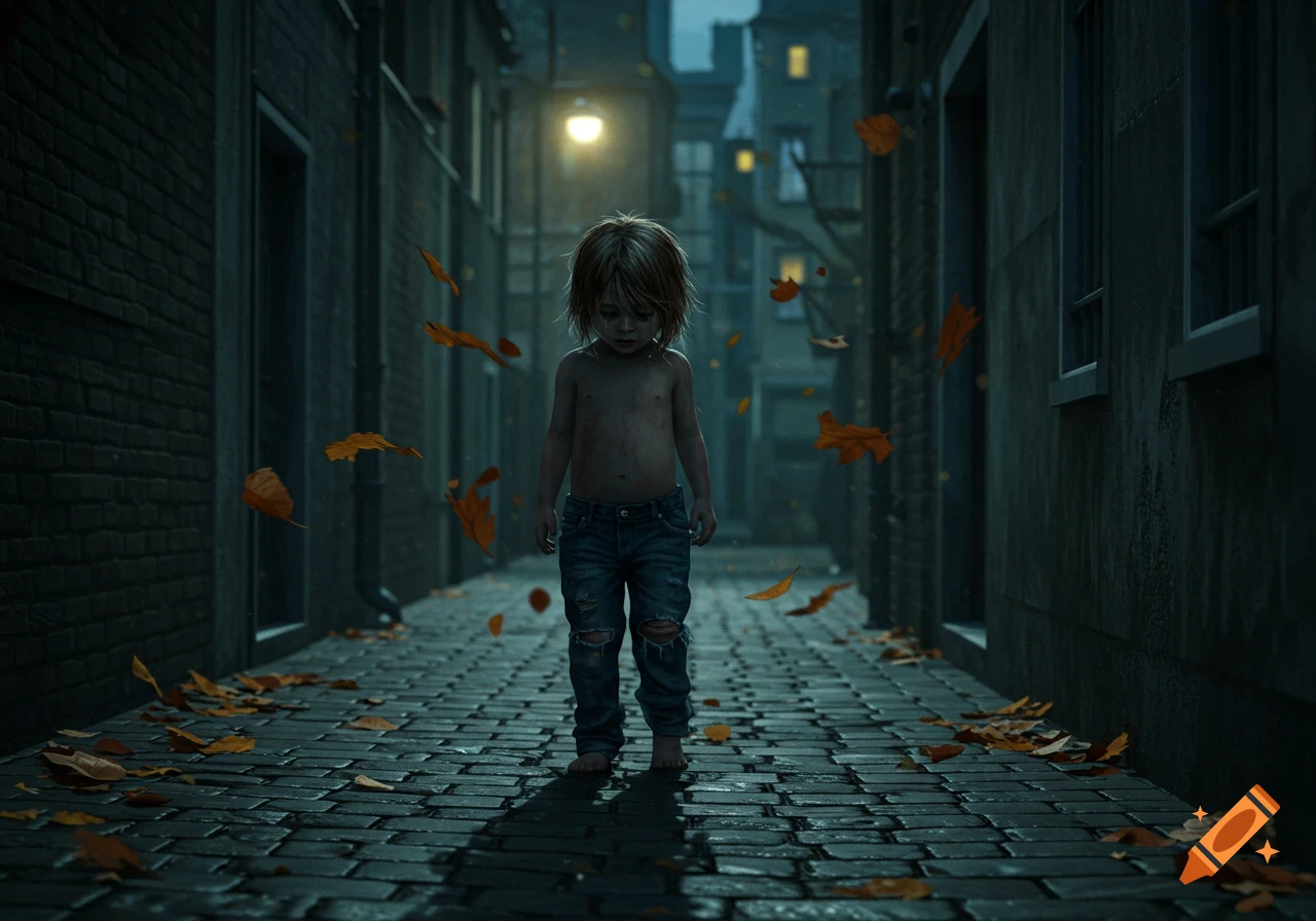 A sad, shirtless child in torn jeans walks barefoot down a wet, cobblestone alley at dusk, with fallen leaves and streetlights illuminating the dark buildings.