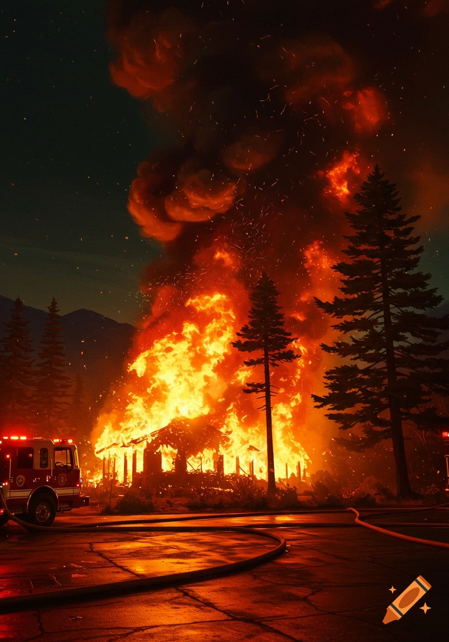 A dramatic night scene of a vibrant house fire with a fire truck and firefighters, surrounded by trees under a dark sky.
