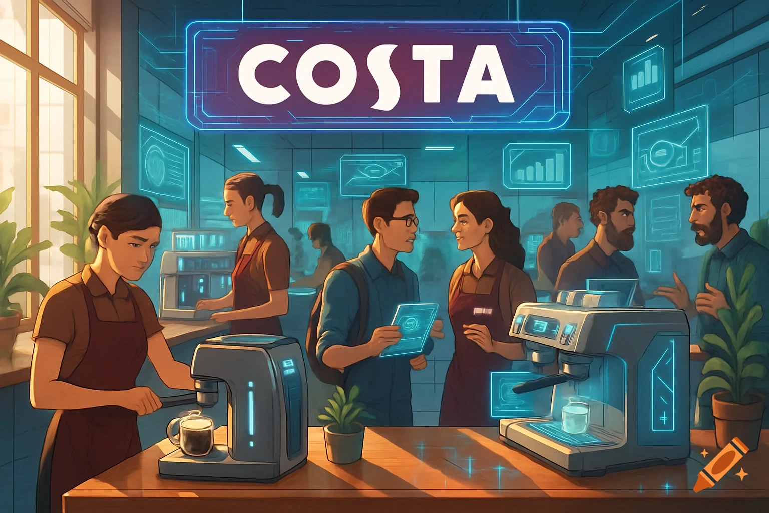 Stylized illustration of a busy, futuristic Costa coffee shop with baristas serving customers and glowing tech elements.