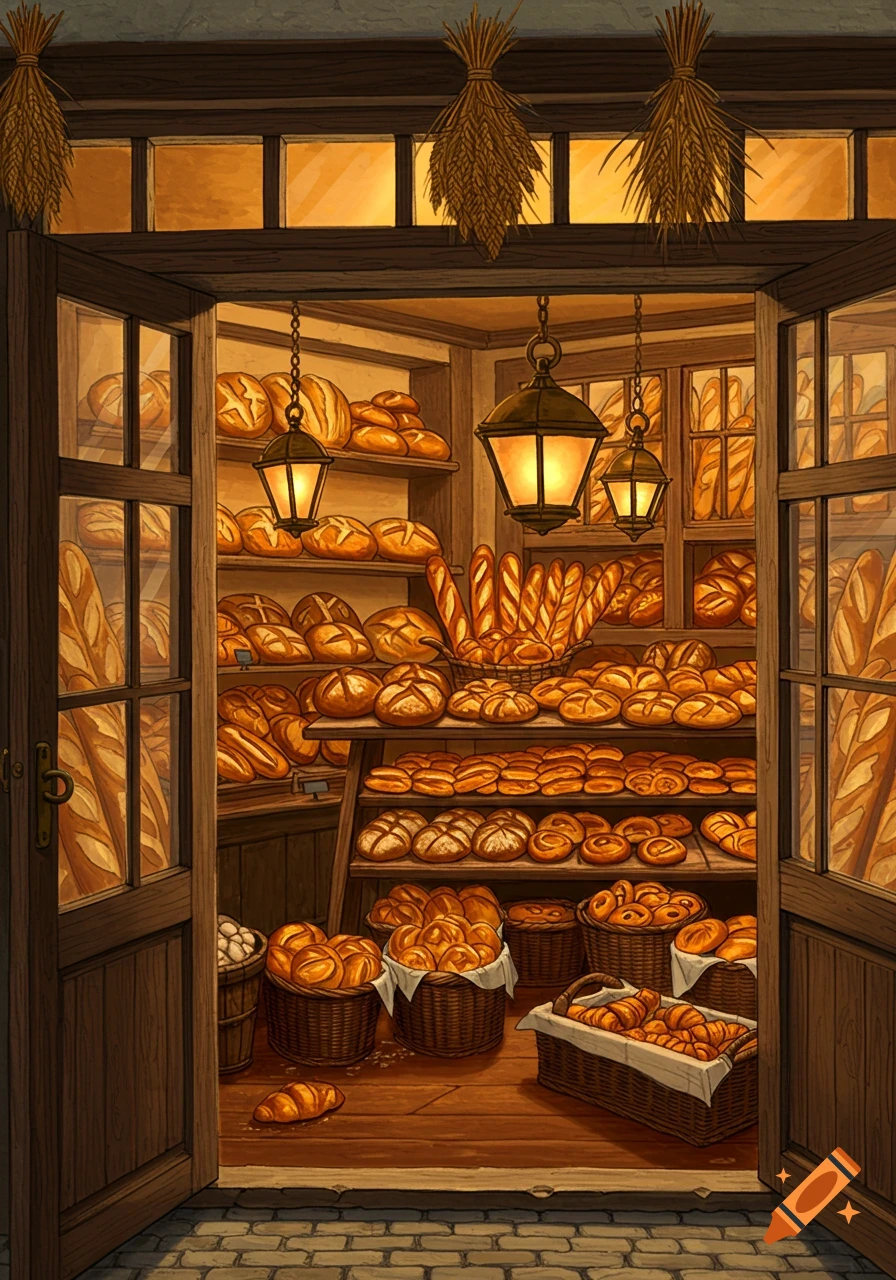 Illustrated view into a cozy artisan bakery. Shelves and baskets filled with various breads and pastries are illuminated by warm lamps.