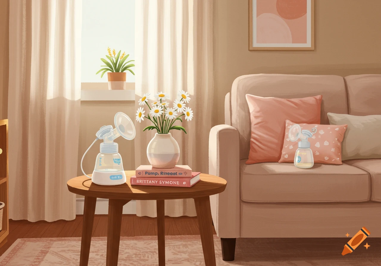An illustrated living room with breast pumps, daisies, and books on a table next to a sofa.
