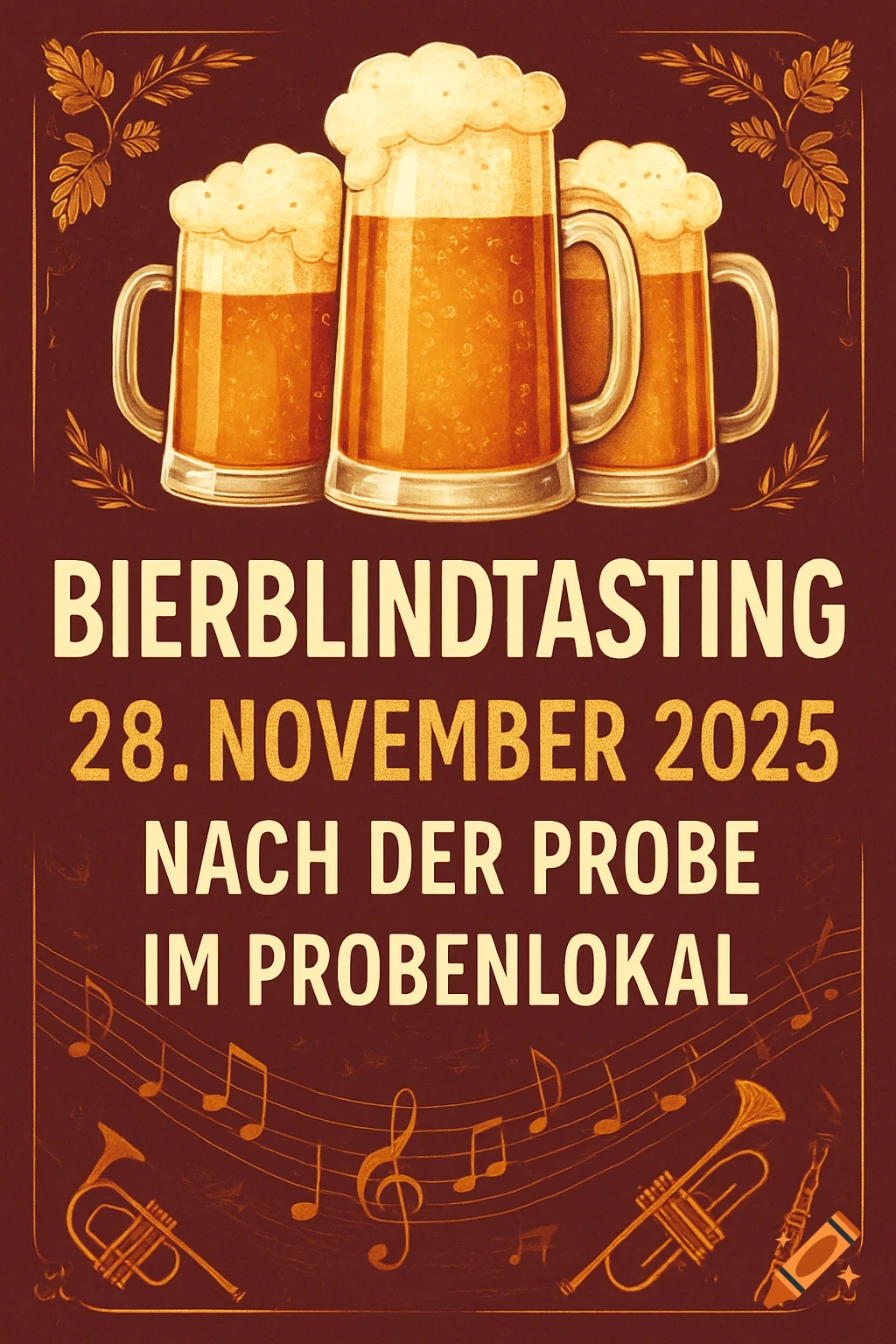 A flyer for a beer blind tasting event, featuring three frothy mugs of beer, decorative leaves, musical notes, and brass instruments. Text in German reads: BIERBLINDTASTING, 28. NOVEMBER 2025, NACH DER PROBE, IM PROBENLOKAL.