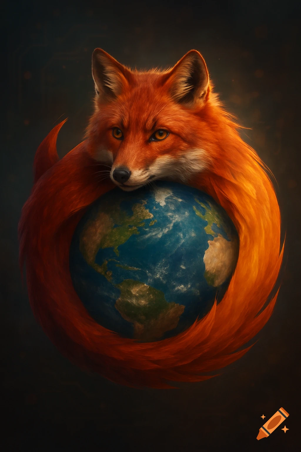 A realistic, fiery orange fox wraps its body around a blue and green Earth, mimicking the Firefox logo, against a dark background.