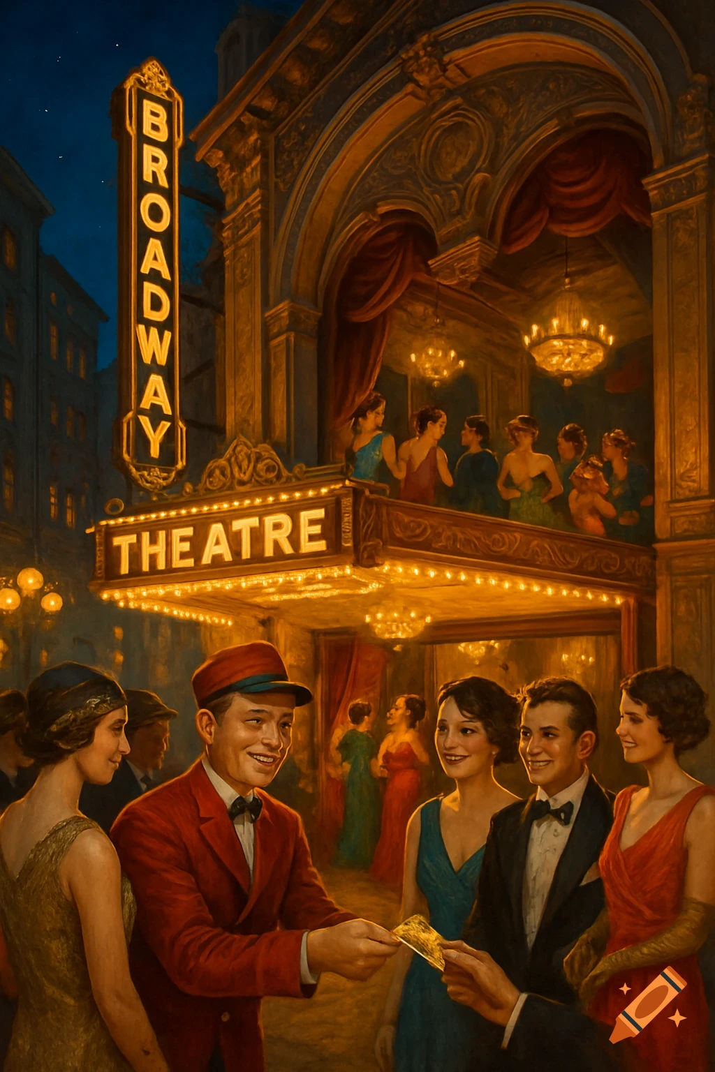 A vintage painting of people outside a brightly lit Broadway theatre at night, with a marquee reading 'THEATRE'.