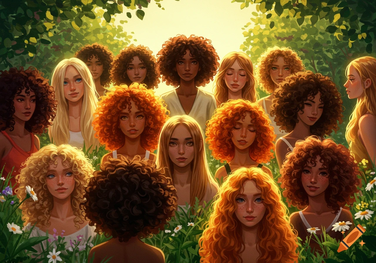 A vibrant illustration of many women with diverse curly and straight hairstyles, set in a sunny green forest with wildflowers.