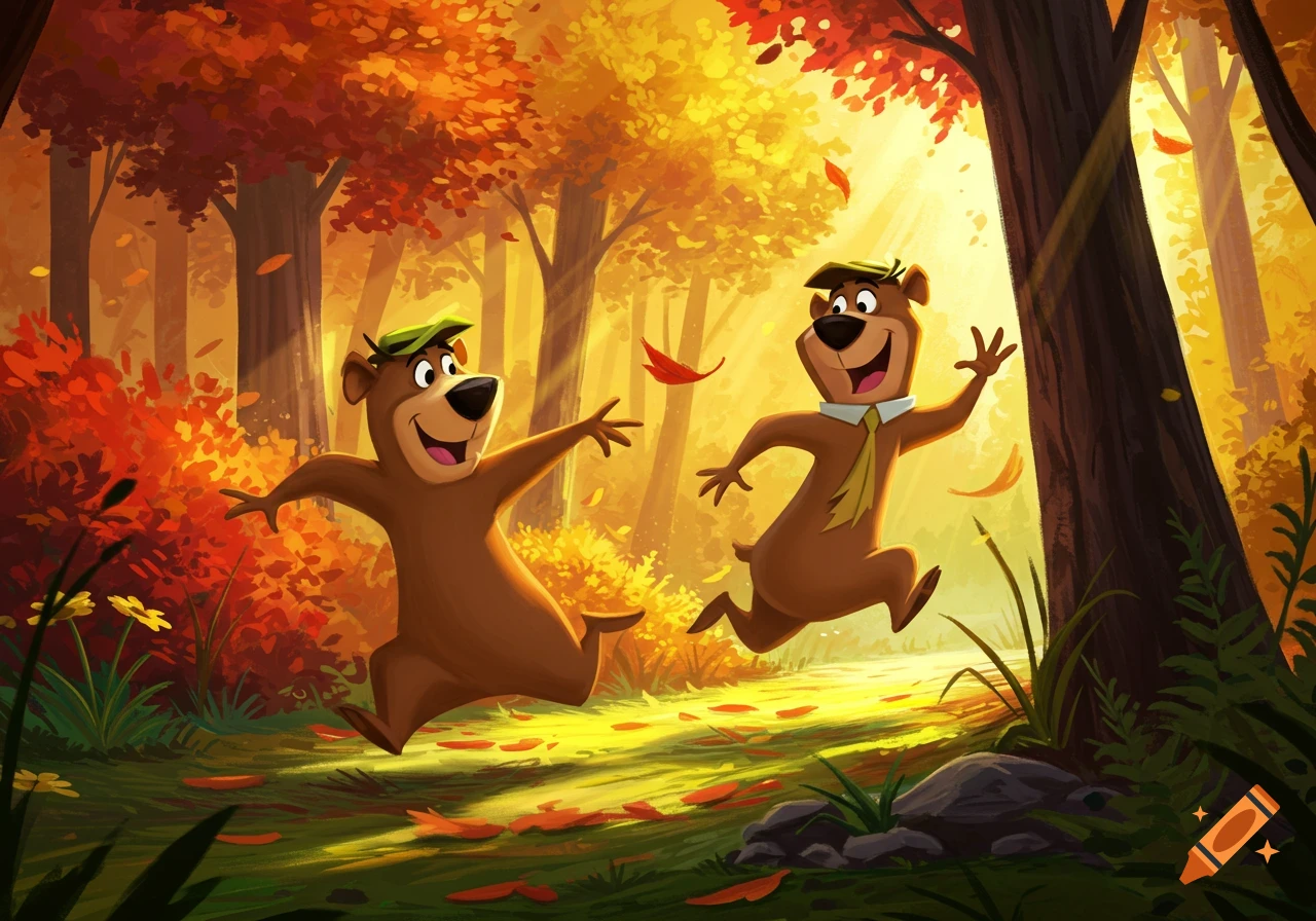Two happy cartoon bears, resembling Yogi Bear and Boo Boo, run playfully through a vibrant autumn forest with colorful trees.