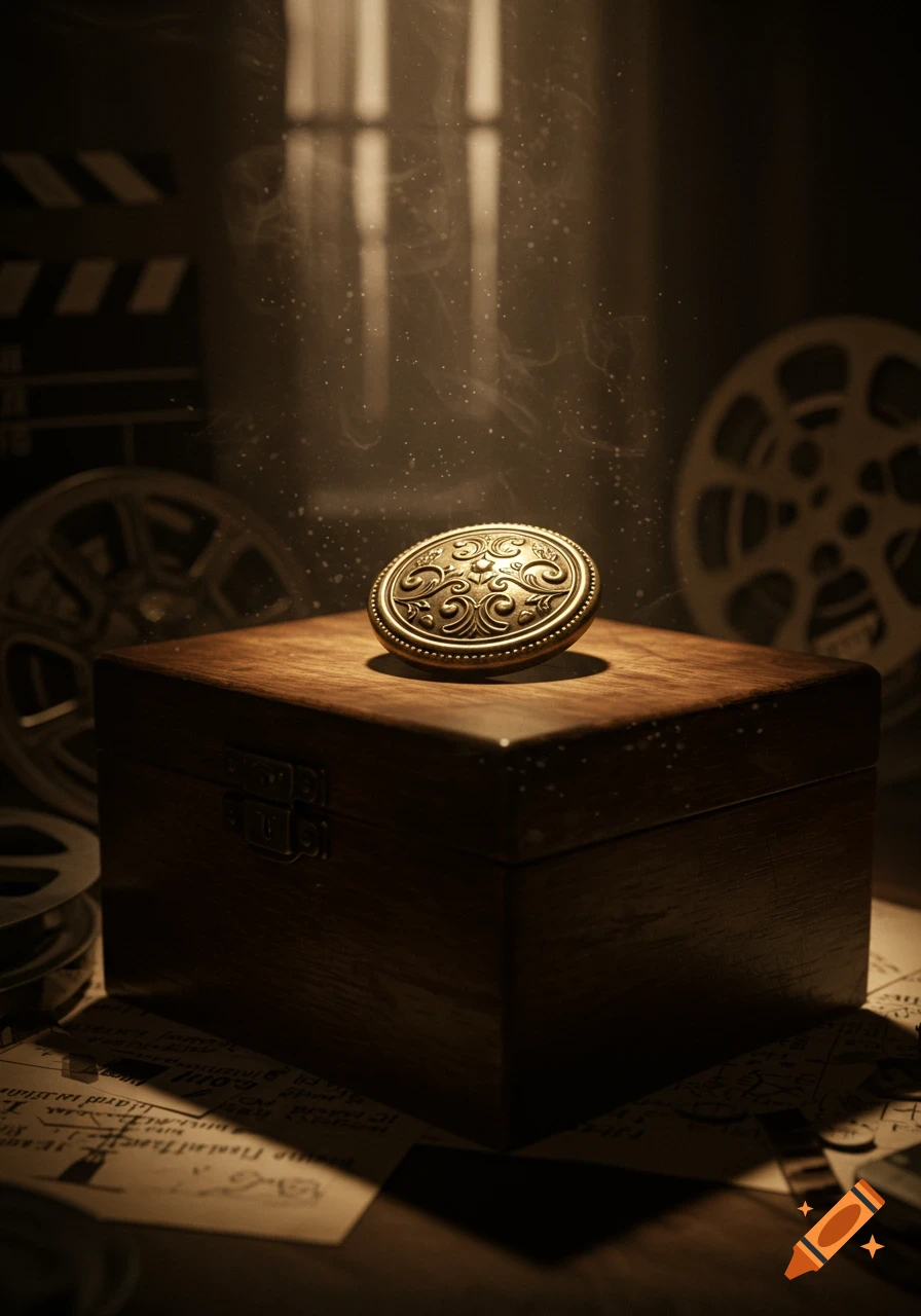 An ornate golden button rests on a wooden box, surrounded by film reels and a clapperboard in a dimly lit, atmospheric setting.