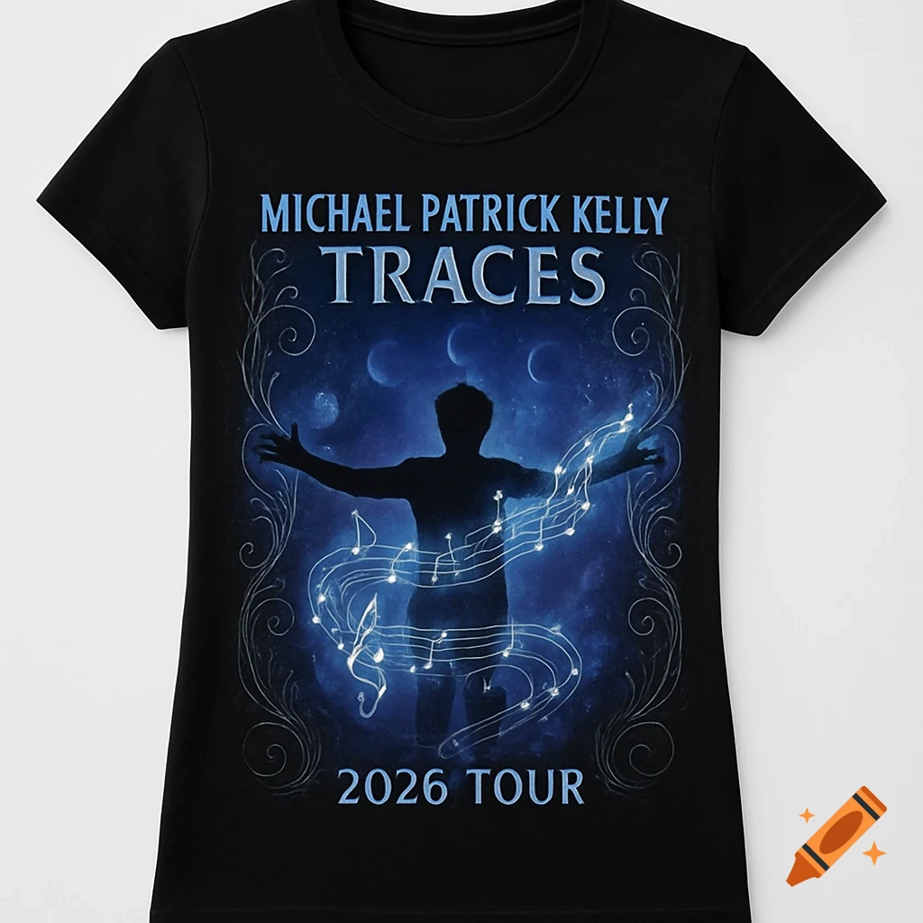 Black t-shirt featuring a concert design for Michael Patrick Kelly's 'Traces 2026 Tour', showing a silhouetted figure amidst musical notes and planets.
