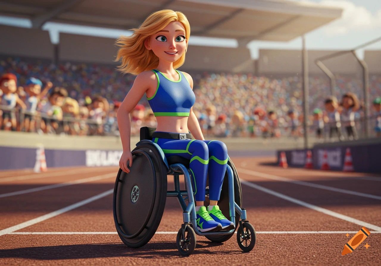 A blonde cartoon woman in Pixar style smiles in a sports wheelchair on a track at a stadium.