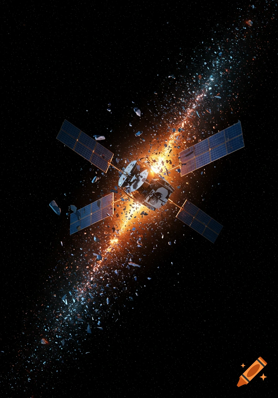 A photorealistic image of a satellite exploding in deep space, surrounded by bright orange light and scattering debris.
