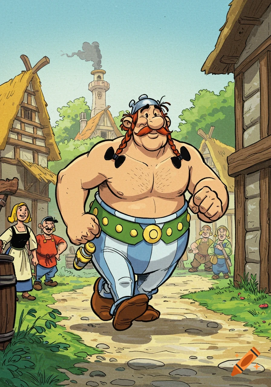 Cartoon of a large, muscular man resembling Obelix, with red pigtails and a winged helmet, running through a village.