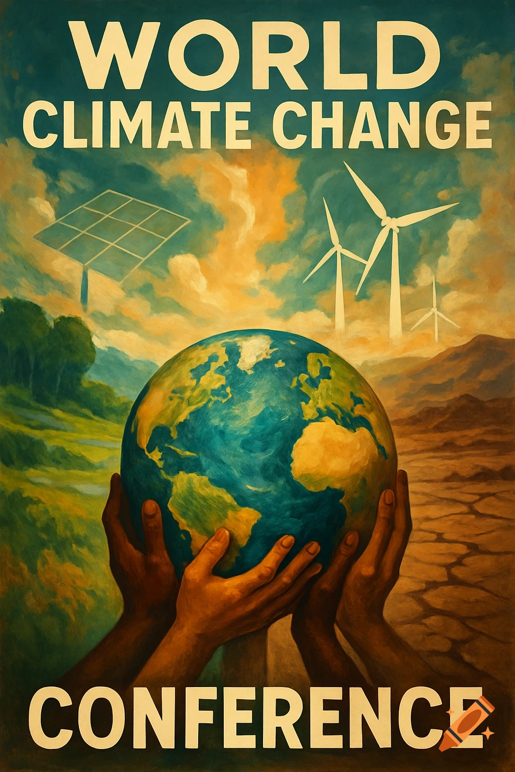 An artistic poster of hands holding a globe, with 'WORLD CLIMATE CHANGE CONFERENCE' text, solar panels, wind turbines, and contrasting green and dry landscapes.