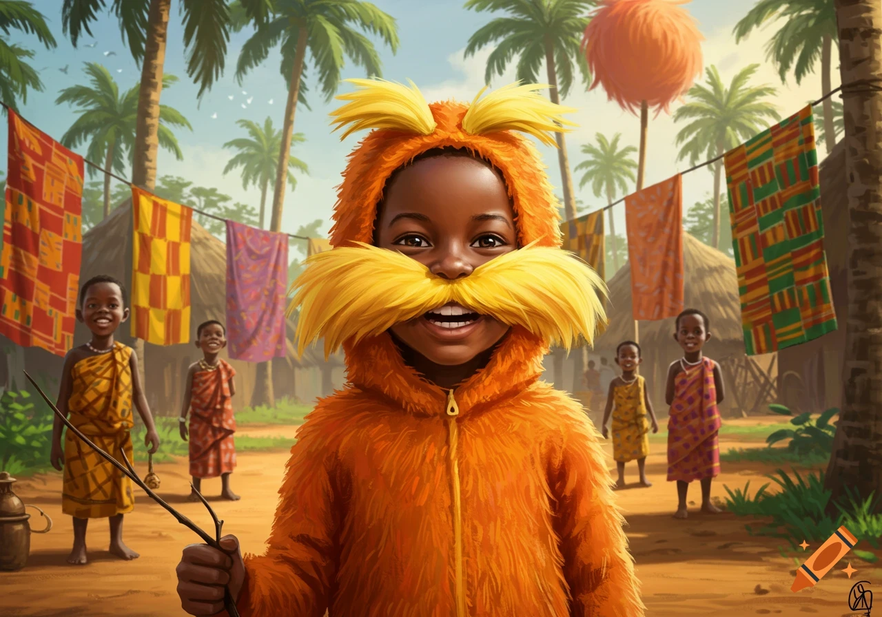 A smiling child in an orange Lorax costume with a yellow mustache holds a stick in a vibrant African village with palm trees and flags.