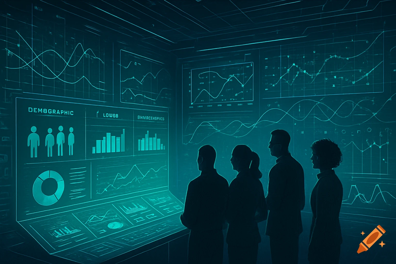 Silhouettes of people looking at glowing blue digital screens displaying graphs and demographic data.