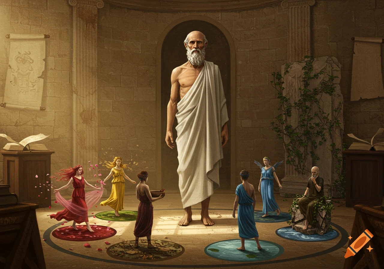 An ancient Greek physician stands tall in a scholarly study, surrounded by smaller figures personifying temperaments: sanguine, choleric, phlegmatic, and melancholic.