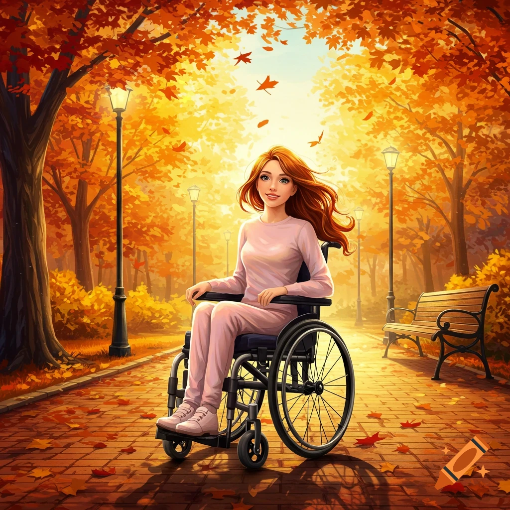 A smiling young woman with red hair sits in a wheelchair in a vibrant autumn park, surrounded by orange and red leaves. Stylized illustration.