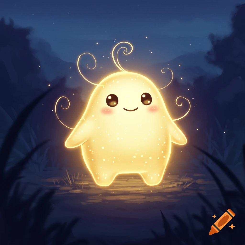 A cute, glowing, round yellow creature with big eyes and a smile stands in a dark, stylized forest.