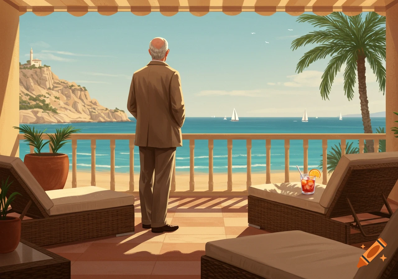 An older man stands on a sunny balcony overlooking a beach, turquoise ocean, and sailboats, in an illustrative style.