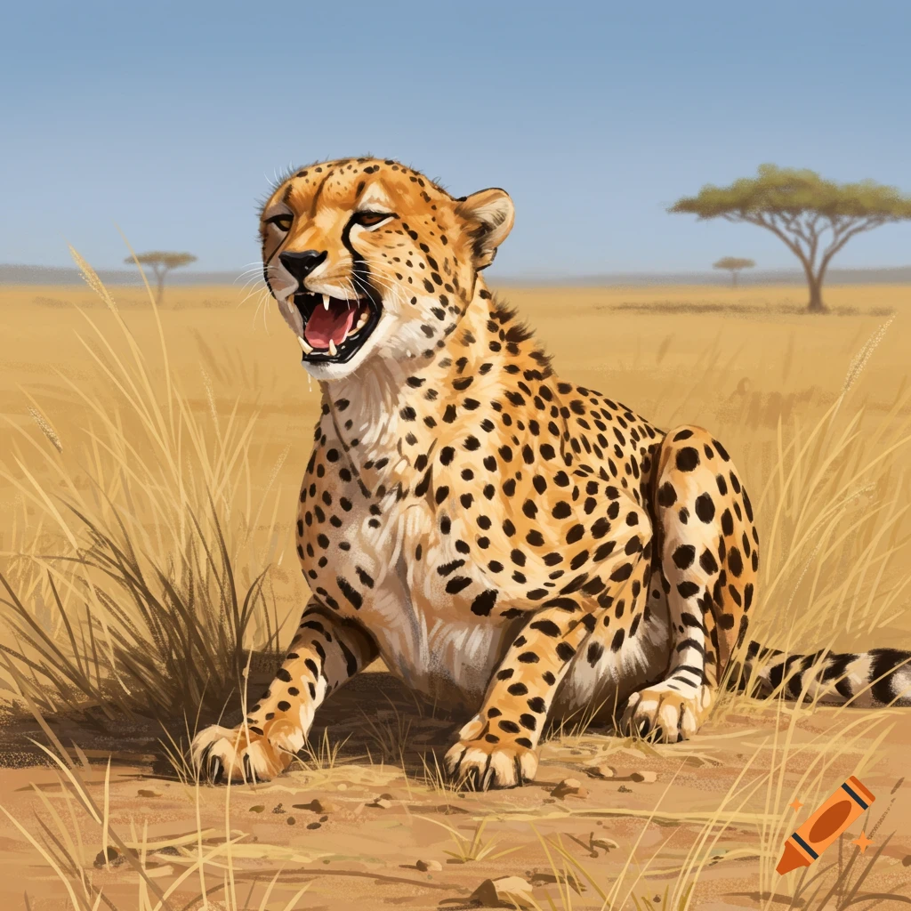 An illustration of a cheetah crouching in dry grass in a savanna, mouth open as if panting, under a clear blue sky.