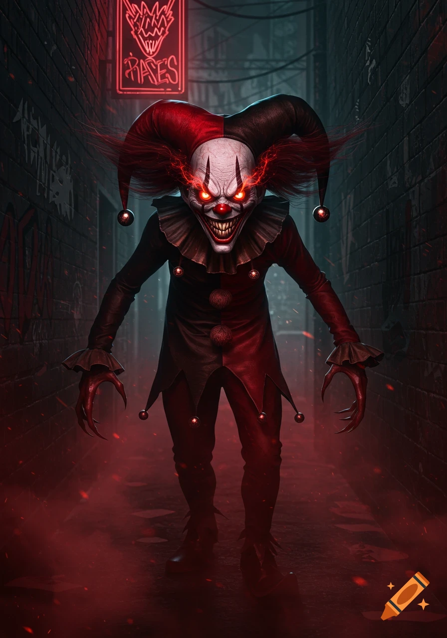 A creepy red and black jester-like clown with glowing red eyes and sharp teeth stands in a dark alley with red light.