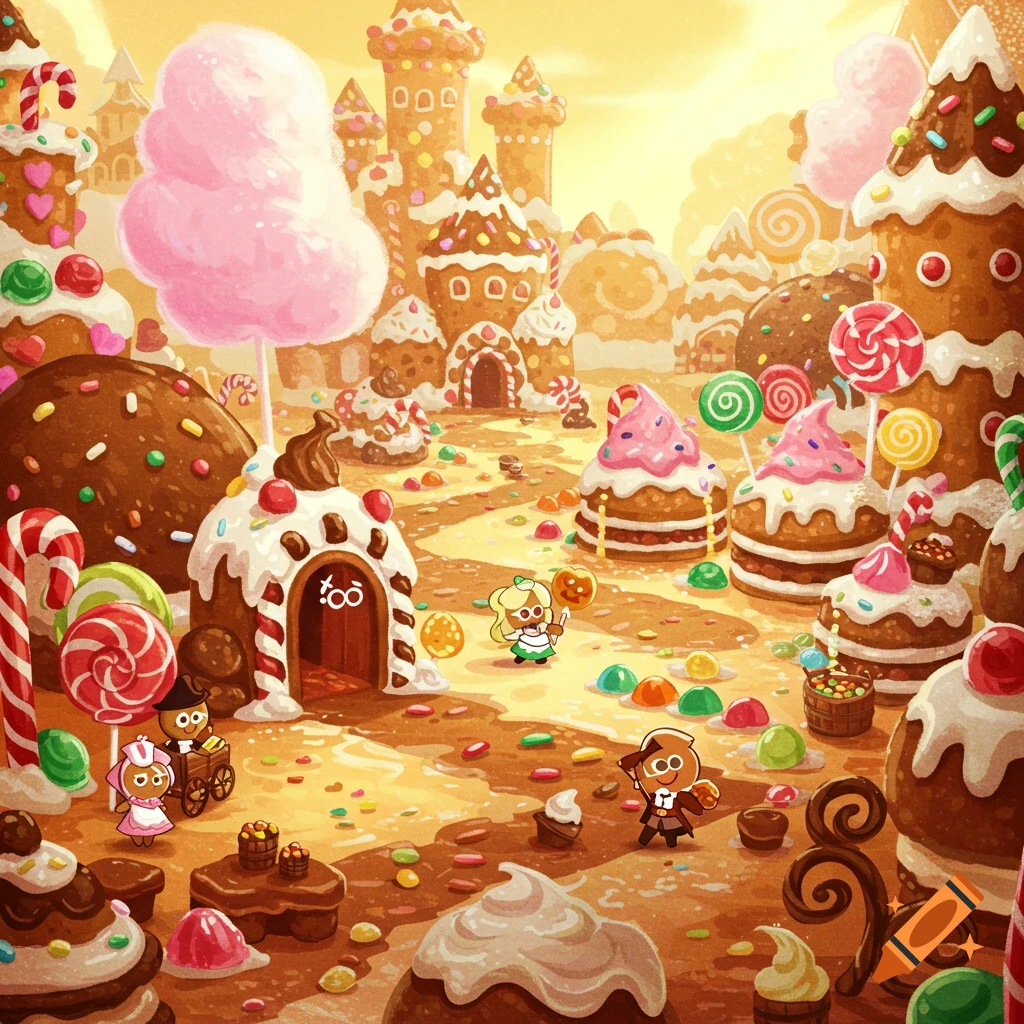 A whimsical landscape of a candy and gingerbread kingdom with small cookie characters exploring, in the style of Cookie Run Kingdom.