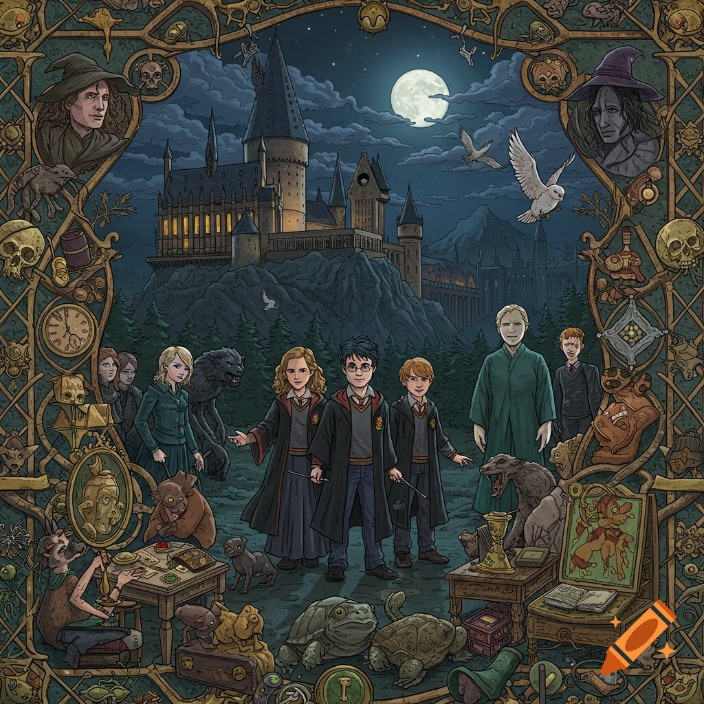A highly detailed, intricate illustration of Hogwarts castle at night under a full moon, with Harry, Hermione, and Ron in the foreground, surrounded by other characters and numerous magical items from the Harry Potter series, all within an ornate, winding border.